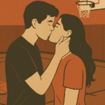 Half-court kiss in an empty gym