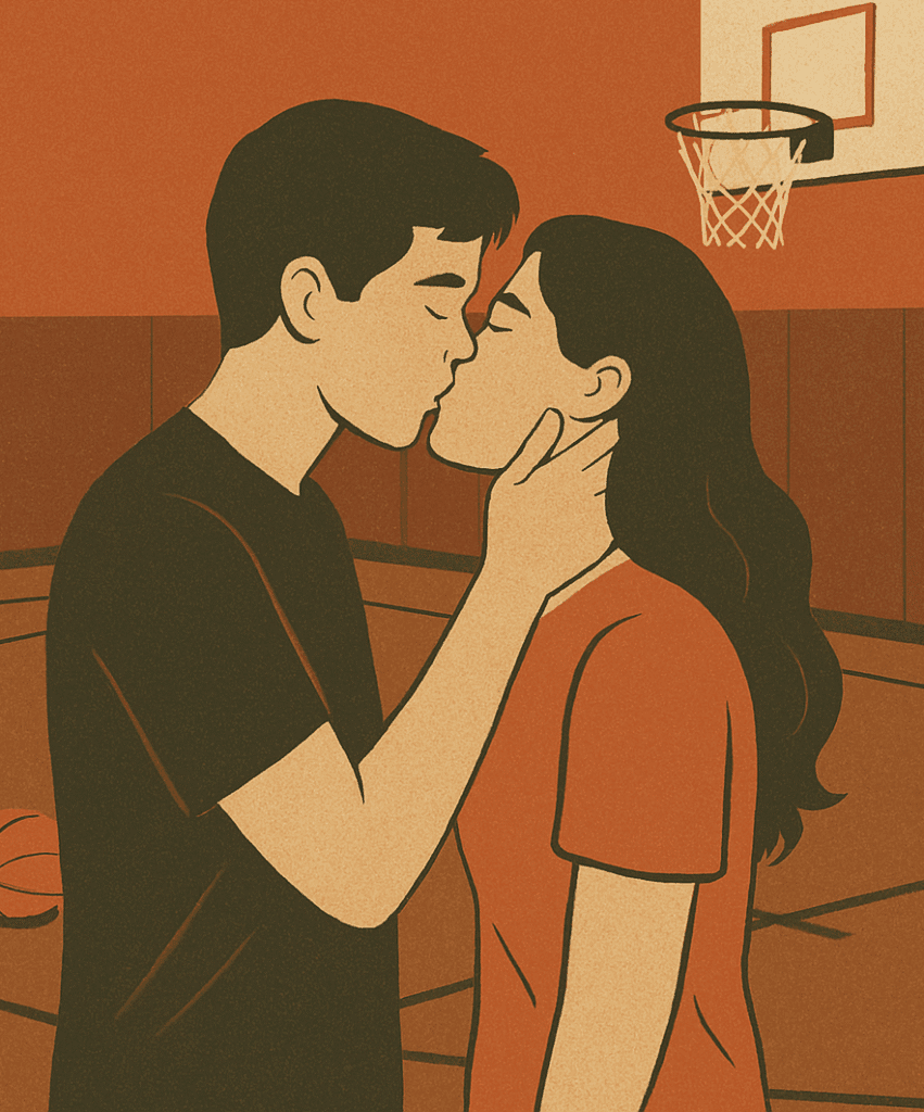 Half-court kiss in an empty gym