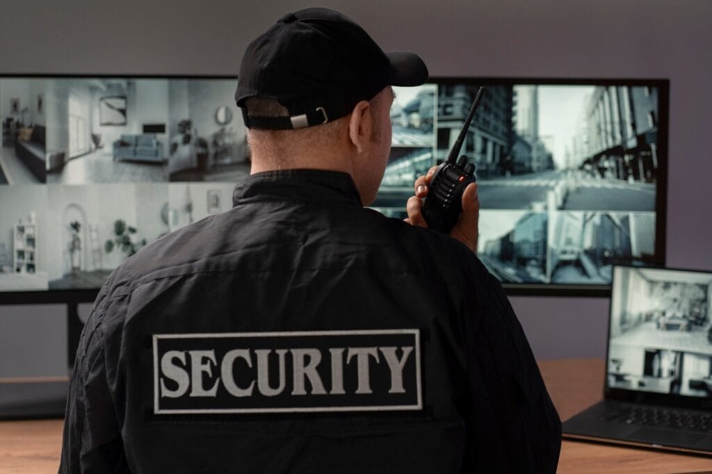 male security guard with radio station camera screens