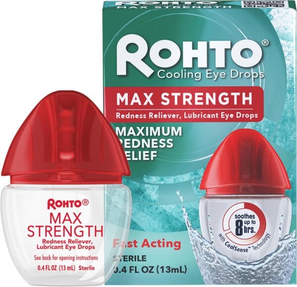 Rohto Max Strength Cooling Eye Drops for Redness Relief with Red Cap and Packaging