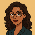 Illustration of a confident woman with wavy dark hair, glasses, and a blazer, smiling against a tan background