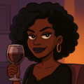 Illustration of a confident woman with curly hair and hoop earrings holding a glass of red wine, smirking in a dimly lit lounge